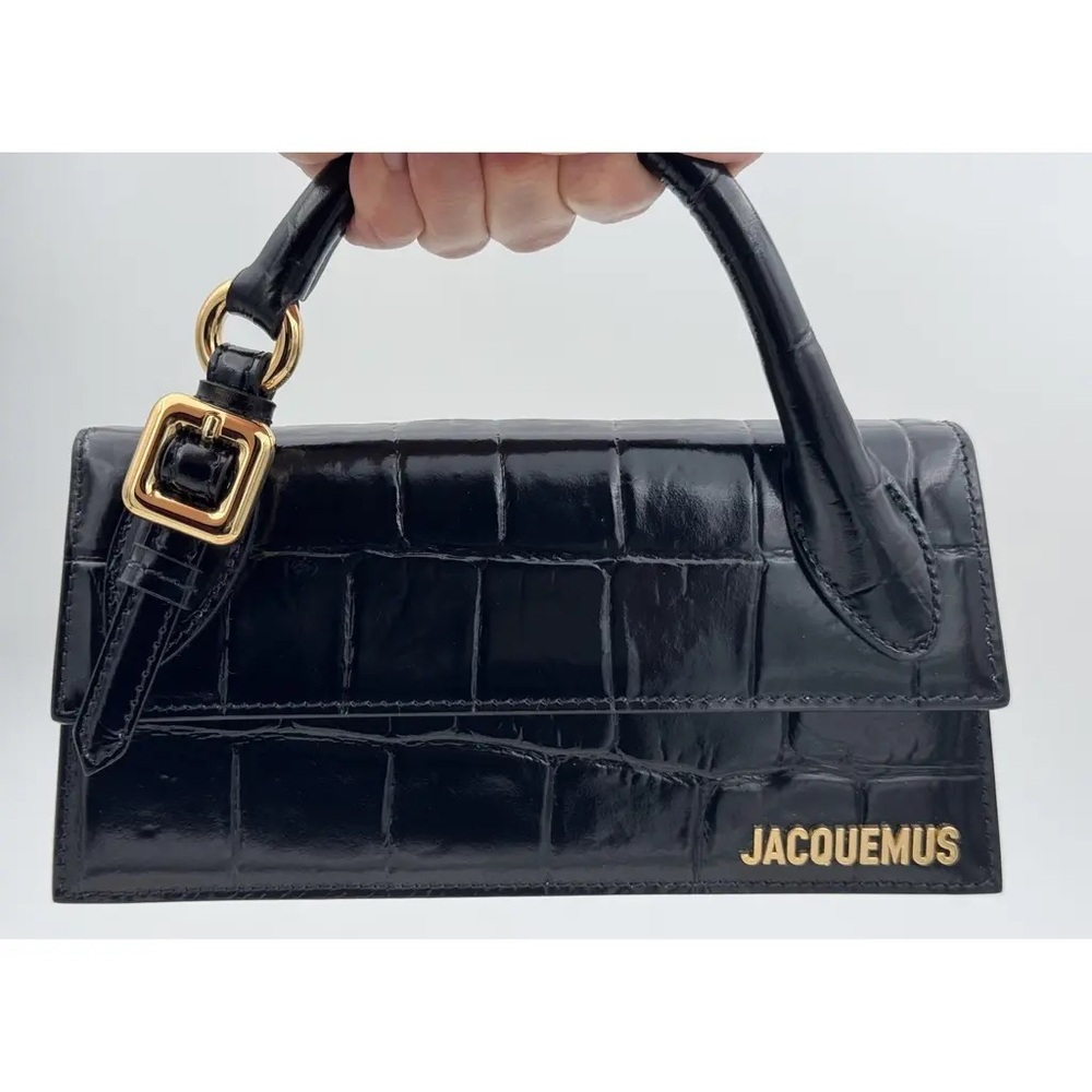 Jacquemus Black Croc-Embossed Clutch with Gold Accents